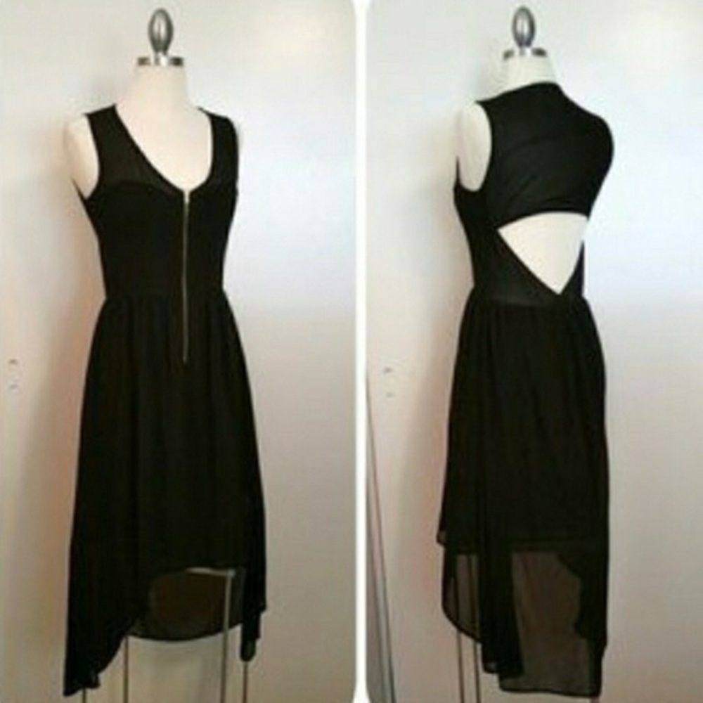Black high low dress, open back, gold zipper
